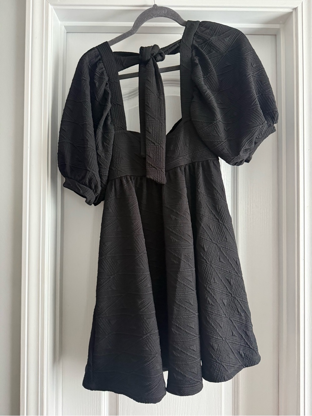 Free People Black Textured Puff-Sleeve Tie-Back Mini Dress